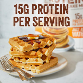 PEScience Protein Pancake Mix stack on plate conveys fluffy, satisfying breakfast