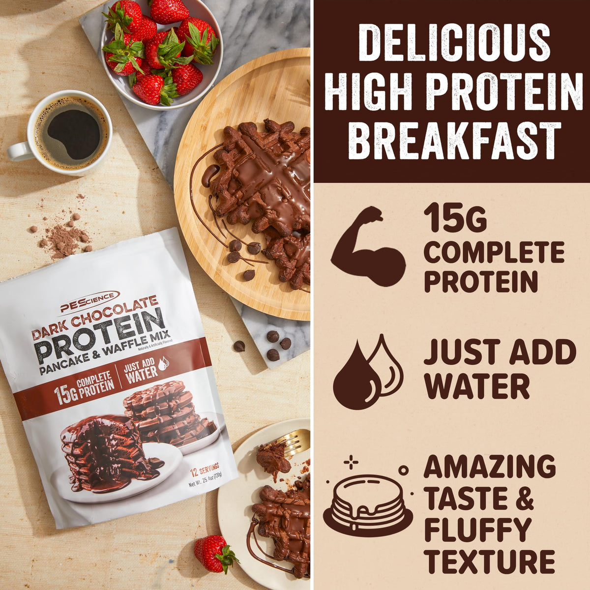PEScience Protein Pancake Mix waffle stack with golden crust and great texture