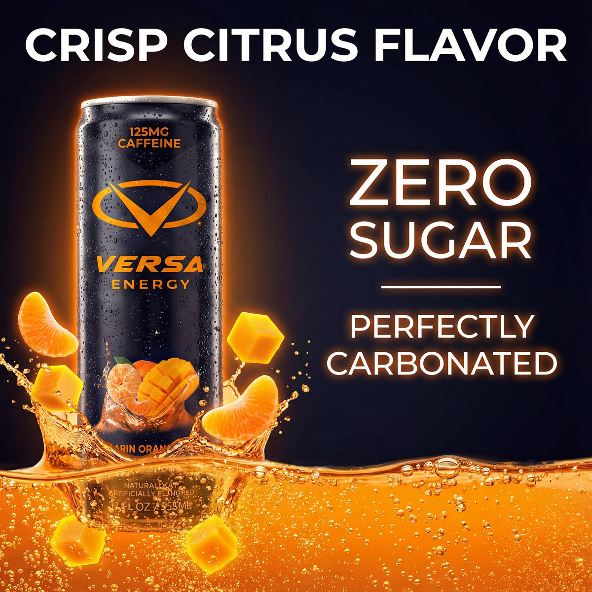 PEScience Versa Energy Orange Mango can being poured for a crisp, carbonated refreshment