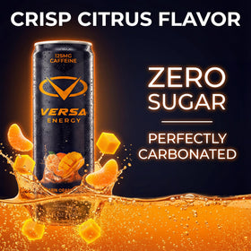 PEScience Versa Energy Orange Mango can being poured for a crisp, carbonated refreshment