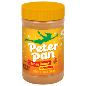 Peter Pan Creamy Honey Roasted Peanut Butter Spread in a smooth jar, easy to spread on toast