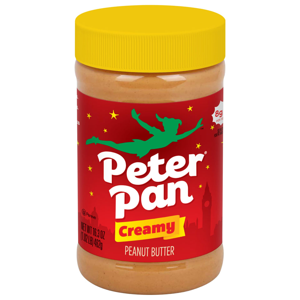 Peter Pan Creamy Peanut Butter jar ready for smooth spreading.