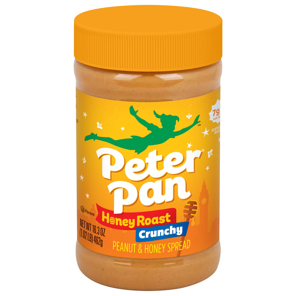 Peter Pan Crunchy Honey Roast Peanut Spread jar shows crunchy texture for bold snacking.