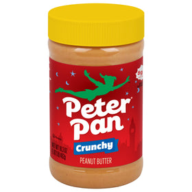 Peter Pan Crunchy Peanut Butter jar front shows crunchy texture and classic branding.