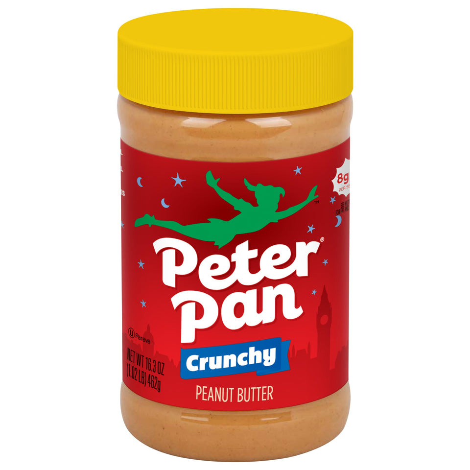Peter Pan Crunchy Peanut Butter jar front shows crunchy texture and classic branding.