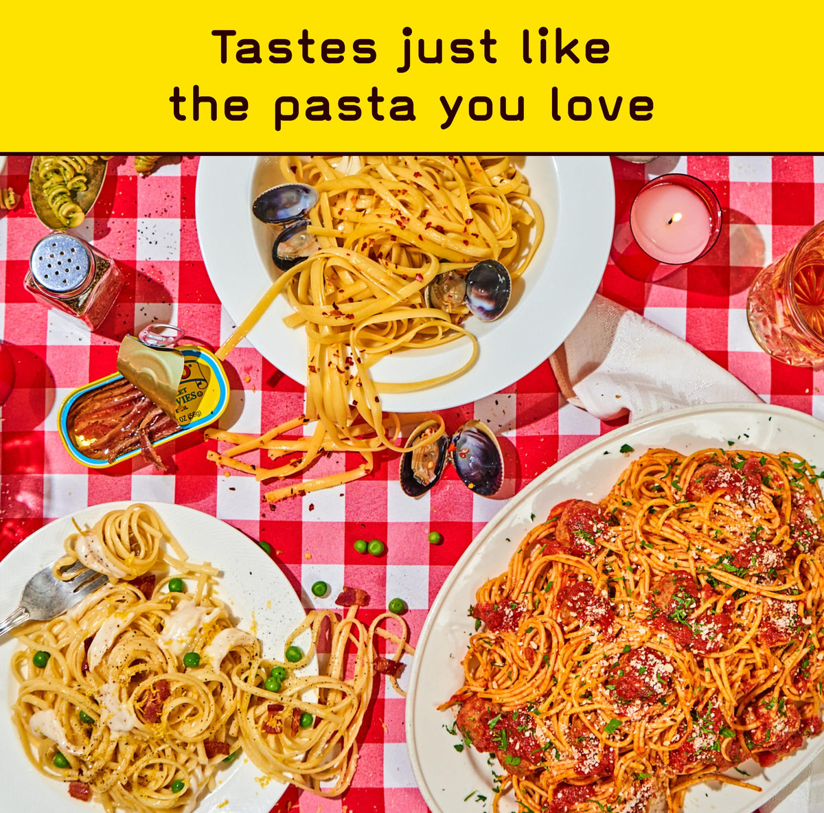 Cooked spaghetti on plate featuring Pete’s Pasta, Italian flavor.