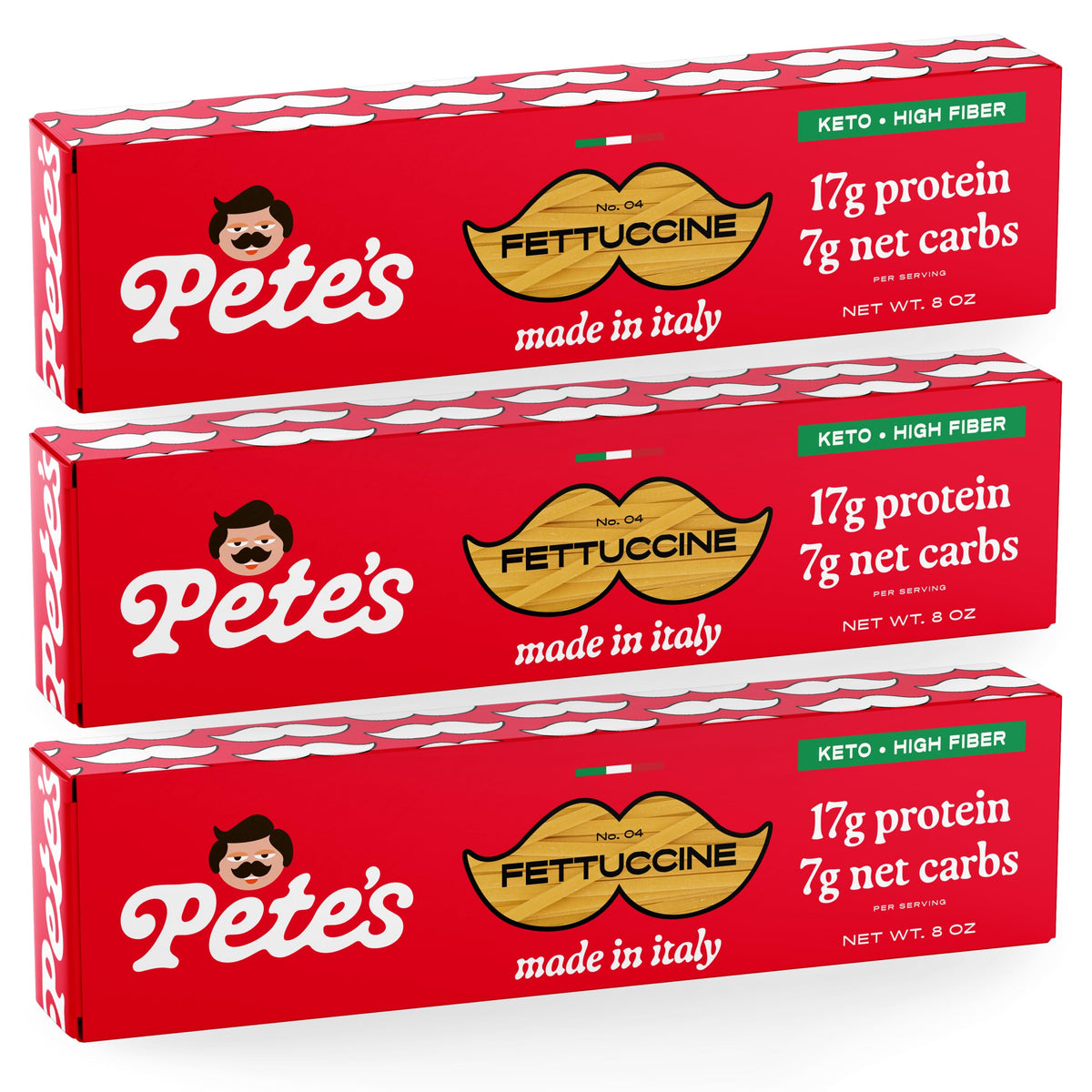 Pete's Pasta fettuccine packaging highlights keto-friendly, high-protein pasta.