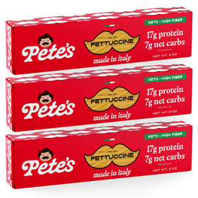 Pete's Pasta fettuccine packaging highlights keto-friendly, high-protein pasta.