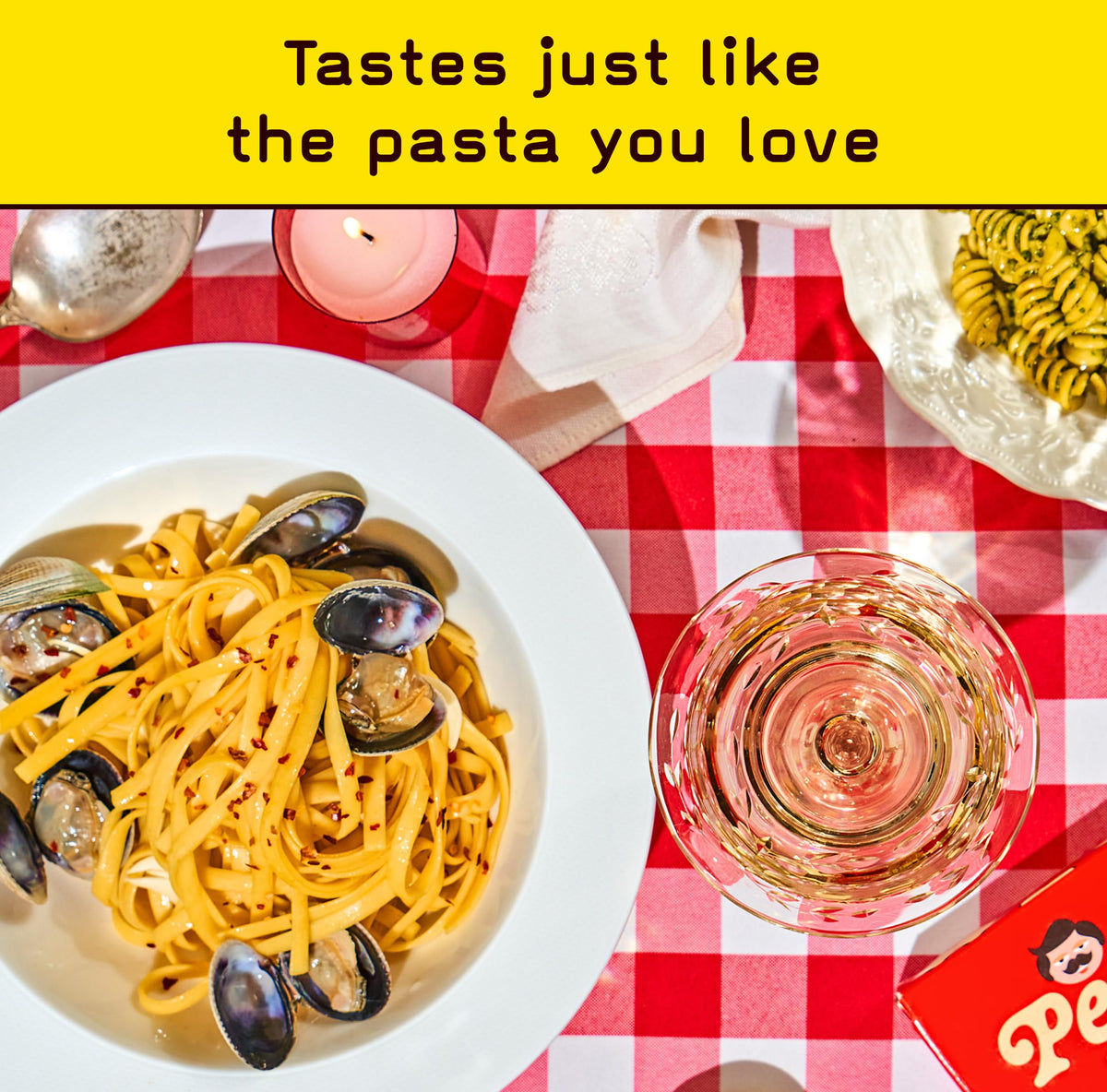 Pete's Pasta fettuccine serving suggests a protein-rich family meal.