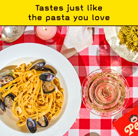 Pete's Pasta fettuccine serving suggests a protein-rich family meal.
