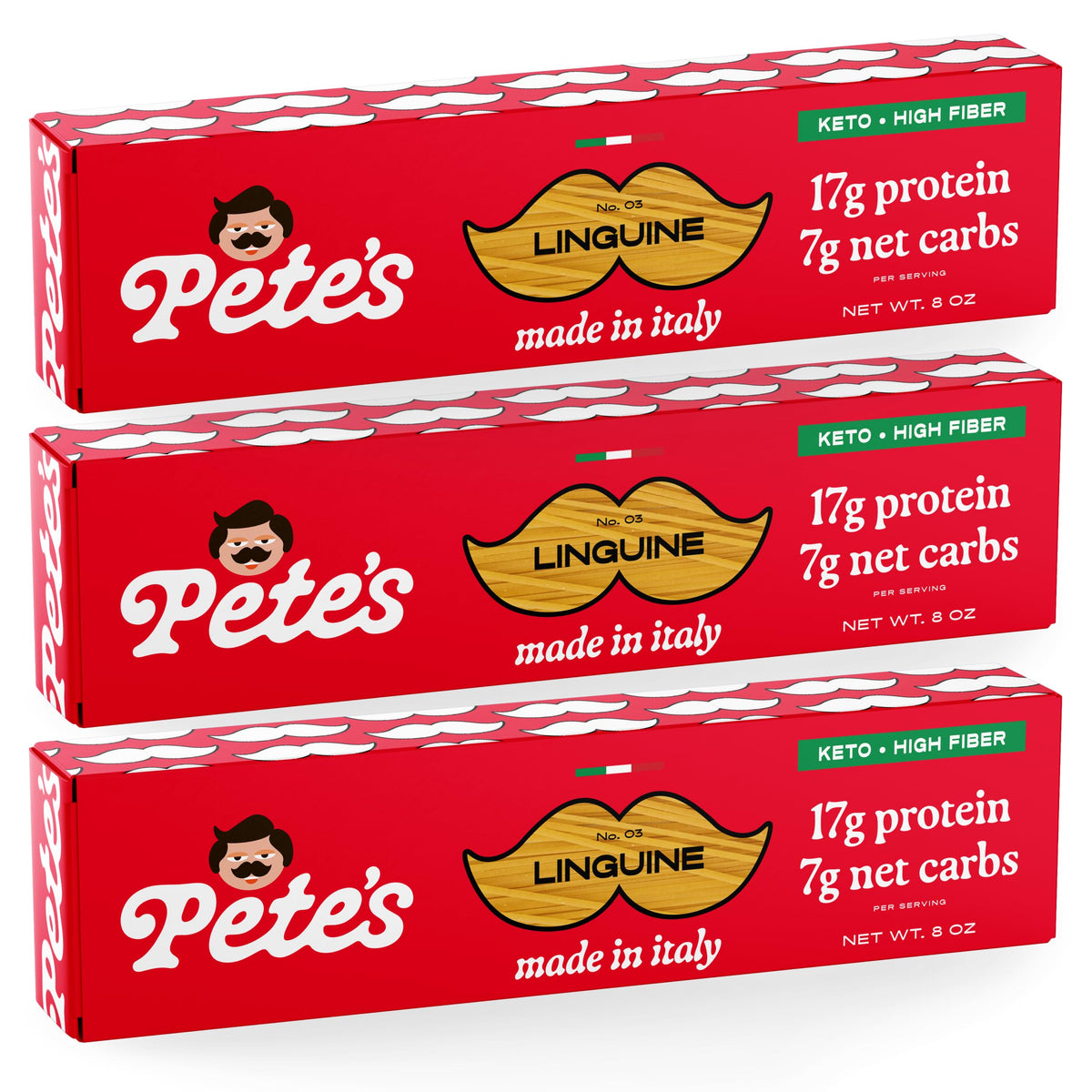 Pete’s Pasta linguine protein pasta packshot highlighting 3-pack value for keto meals