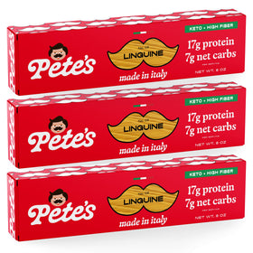 Pete’s Pasta linguine protein pasta packshot highlighting 3-pack value for keto meals