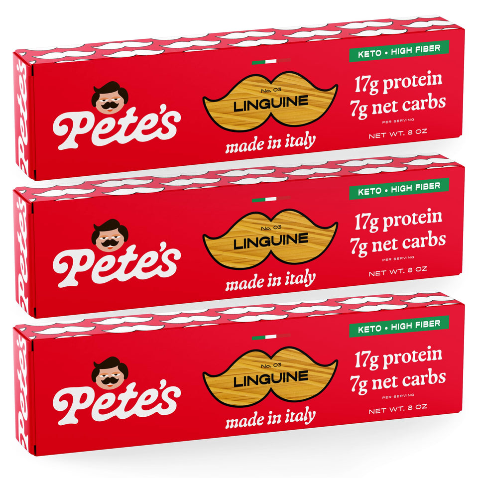 Pete’s Pasta linguine protein pasta packshot highlighting 3-pack value for keto meals