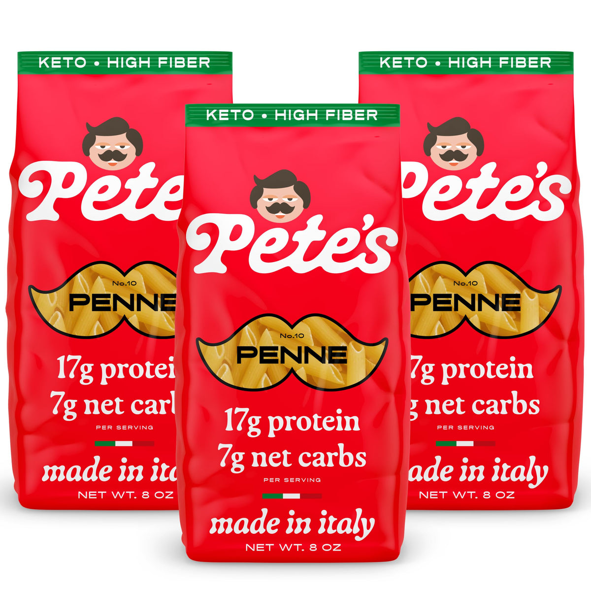 Pete's Pasta penne protein pasta on plate boosts protein intake.