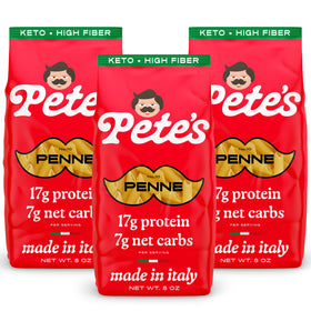 Pete's Pasta penne protein pasta on plate boosts protein intake.