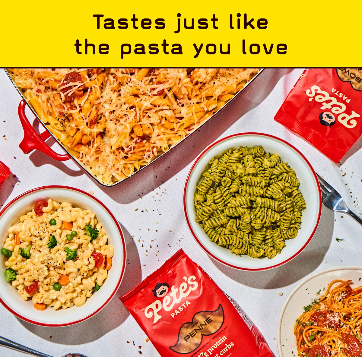 Pete's Pasta penne served in a bowl with vibrant sauce for dipping and mixing.
