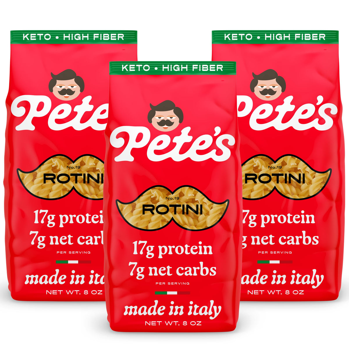 Pete's Pasta rotini uncooked shows high-protein, lower-carb option.