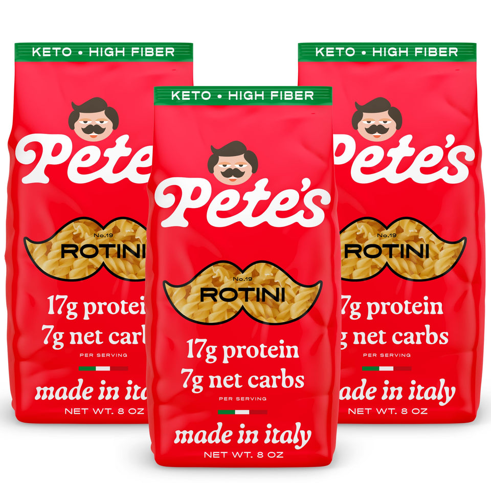 Pete's Pasta rotini uncooked shows high-protein, lower-carb option.