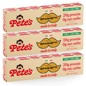 Pete's Pasta spaghetti 3-pack 8oz pack shot highlighting zero carb pasta.