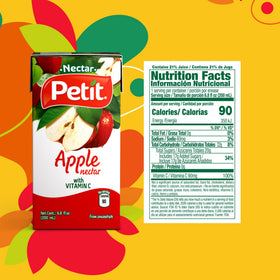 Petit Apple Nectar label close-up highlighting vitamin C and natural flavor