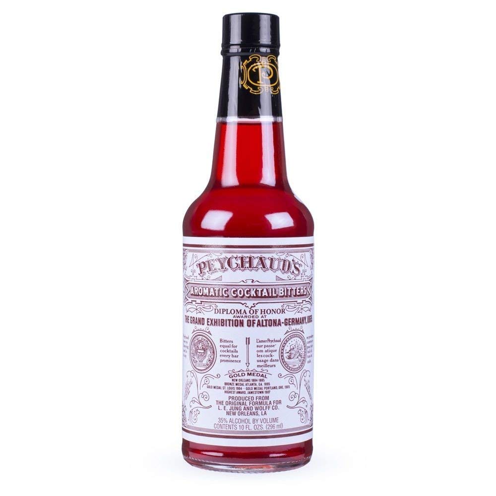 Peychaud's Aromatic Bitters bottle close-up adds depth to cocktails.