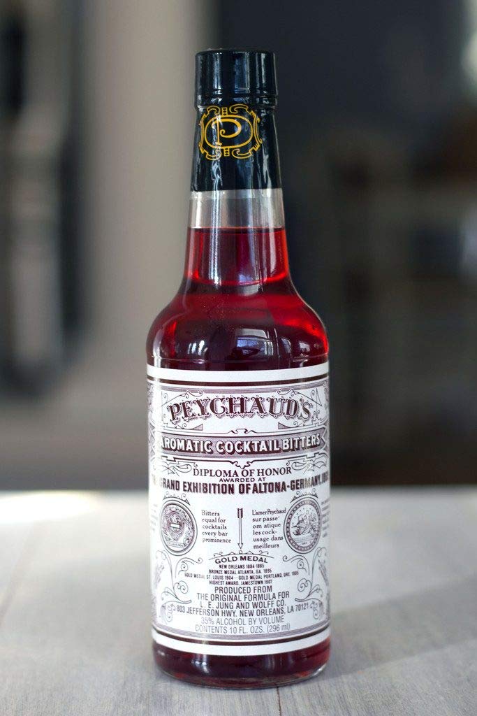 Peychaud's Aromatic Bitters label close-up suitable for gourmet recipes.