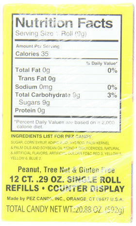 Close-up of 0.29 oz candy rolls for PEZ refills.