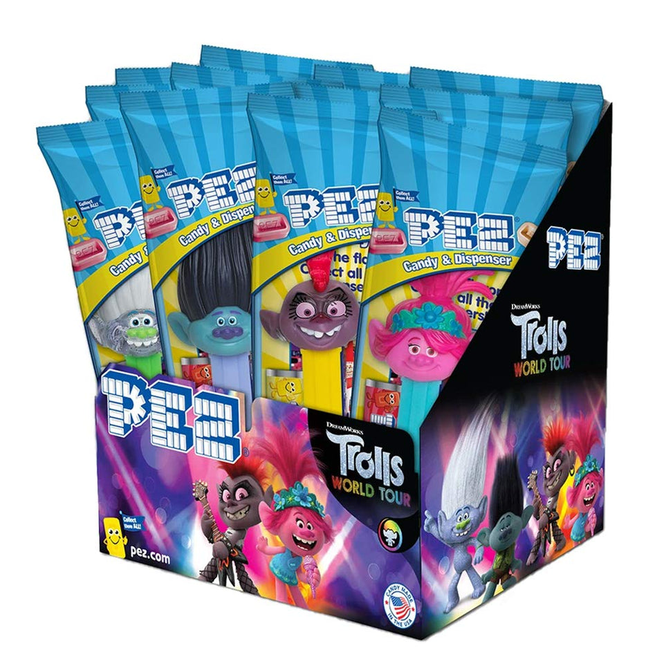 PEZ Candy Trolls dispensers front view, ideal party favors and Trolls-themed treats.