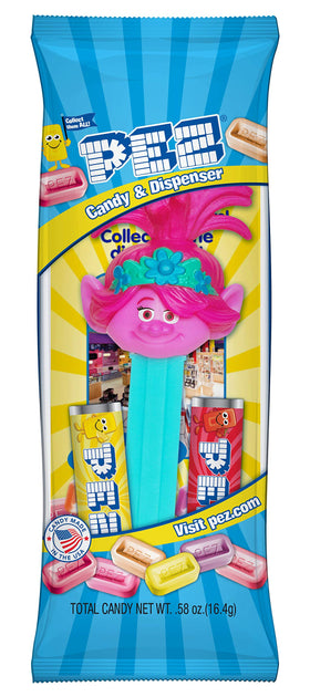 PEZ Candy Trolls dispensers packaged, includes two refill packs, perfect for gifting or grab bags.