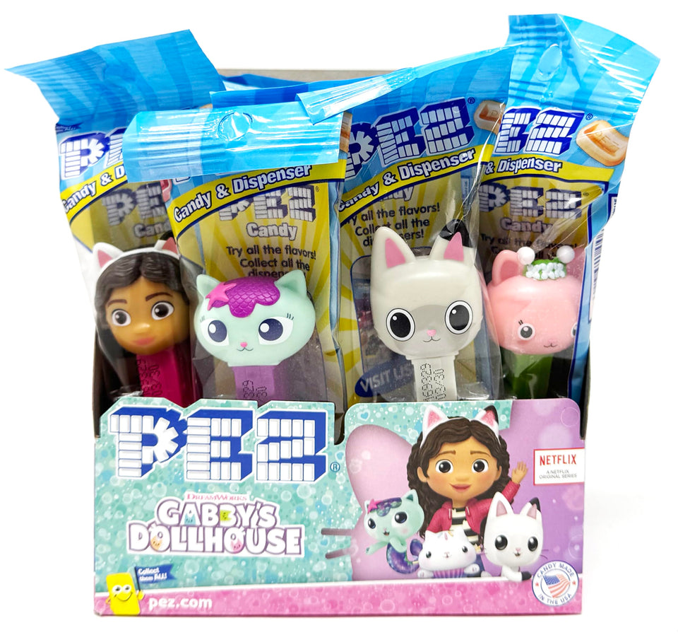 PEZ Gabby's Dollhouse dispenser in a 12-pack box, perfect for party favors.