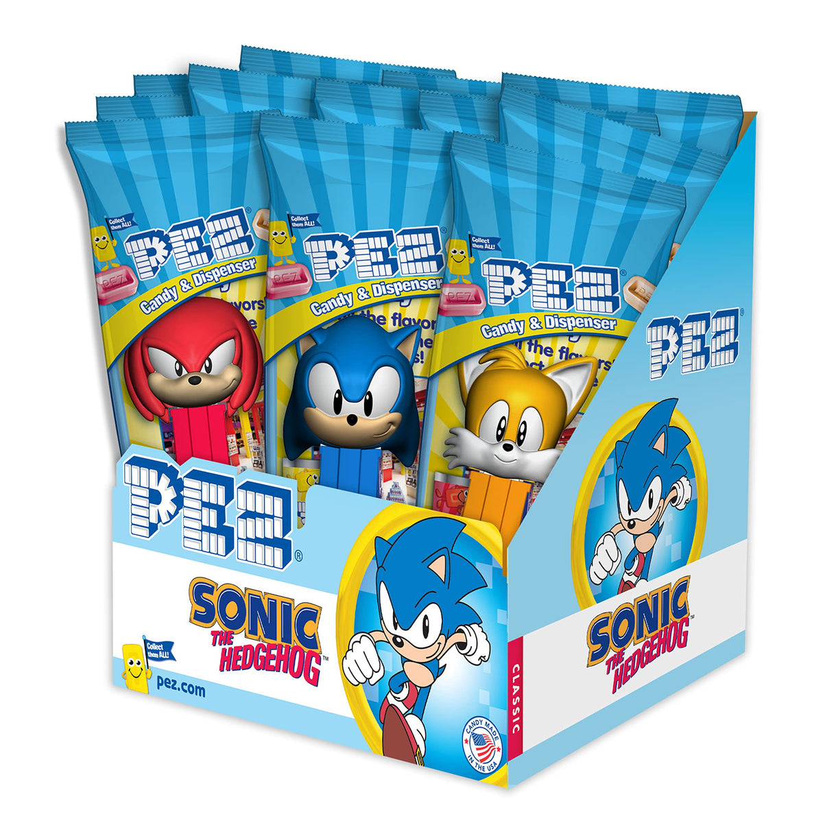 PEZ Sonic Hedgehog dispensers with assorted characters and two refills, ideal for parties.