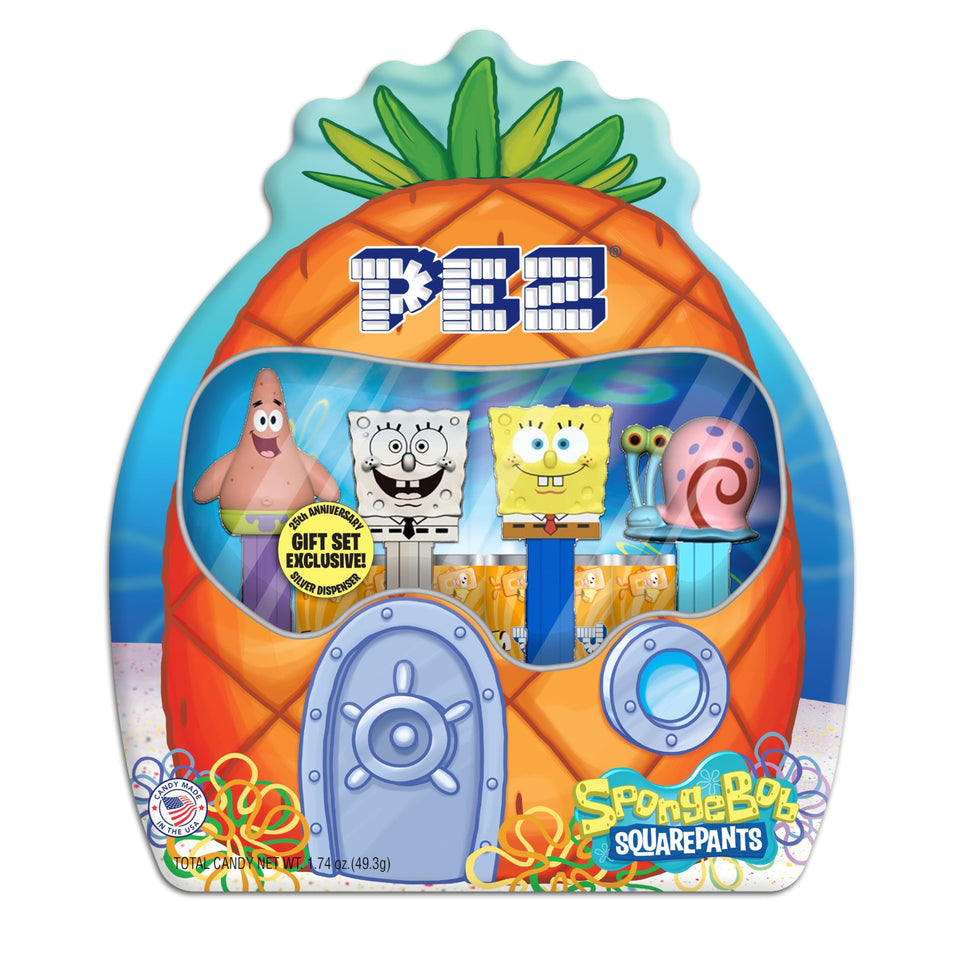 PEZ SpongeBob Gift Set with four dispensers in a collectible tin, ideal for kids and collectors.