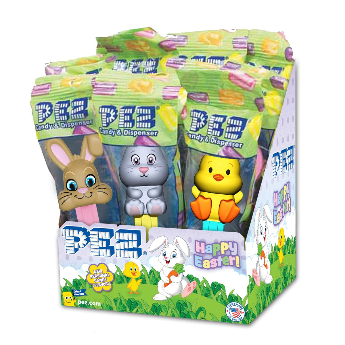 PEZ spring 12-pack candy dispensers featuring assorted characters for playful snacking.