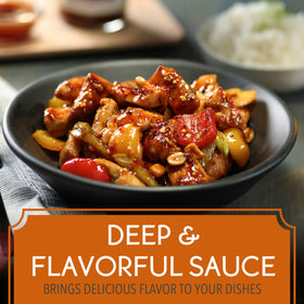Close-up of P.F. Chang's Mongolian Style BBQ Sauce on marinated beef.