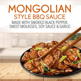 P.F. Chang's Mongolian Style BBQ Sauce being poured for a glossy glaze on meat.