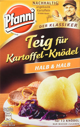 Pfanni Kartoffel Dumplings Halb and Halb pack on shelf, convenient German-ready side dish.