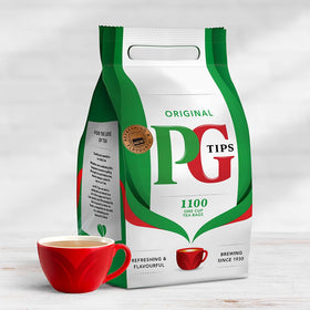 PG Tips biodegradable pyramid tea bags for eco-friendly brewing.