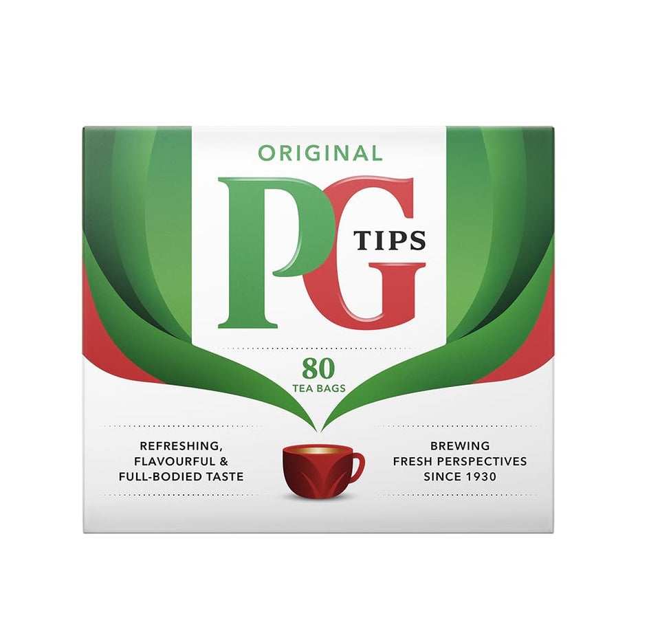 PG Tips black tea bags in an 80-count box front view for a robust, comforting cup