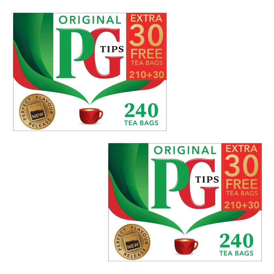 PG Tips Black Tea Original tea bags 240-count two-pack pack shot shows value and convenience