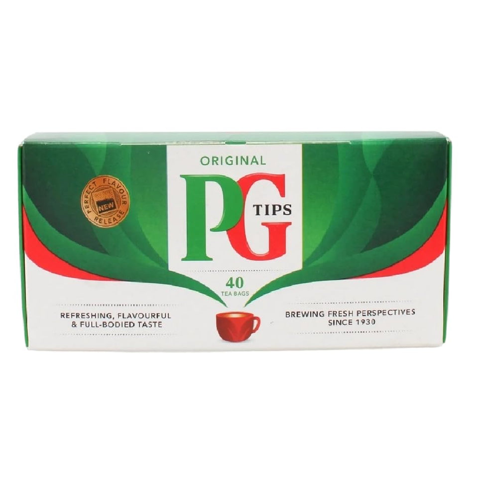 PG Tips Black Tea square bag close-up shows flavor release design for rich aroma.