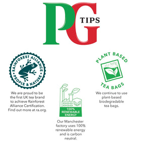 PG Tips brewed cup of tea delivering a robust flavor with gentle caffeine.