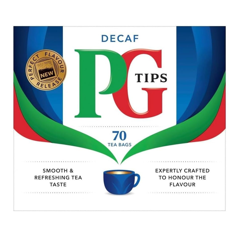 PG Tips Decaf 70-bag case in an outer pack for daily caffeine-free tea