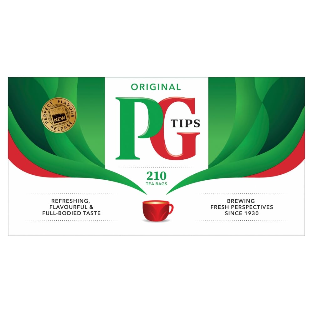 PG Tips original black tea bags in a 210-count box, ideal for daily cups.