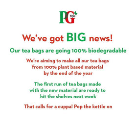 PG Tips square bag design close-up emphasizes efficient flavor release.