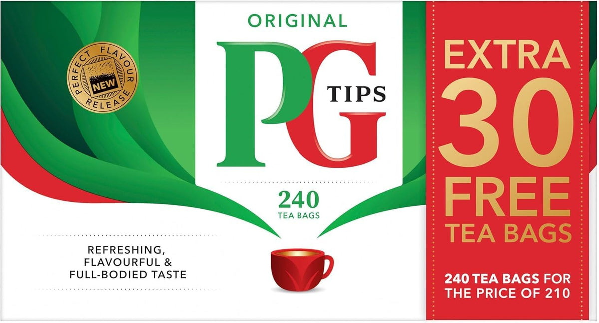 PG Tips tea bags on the box front, highlighting classic British flavor.
