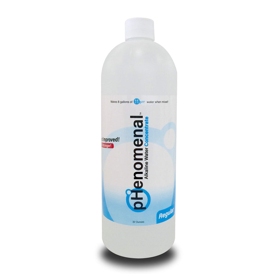 Phenomenal Water alkaline concentrate bottle showing high-pH potential for easy mixing
