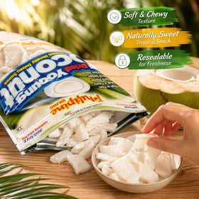 Philippine Brand dried young coconut snacks closeup highlighting chewy texture and natural sweetness