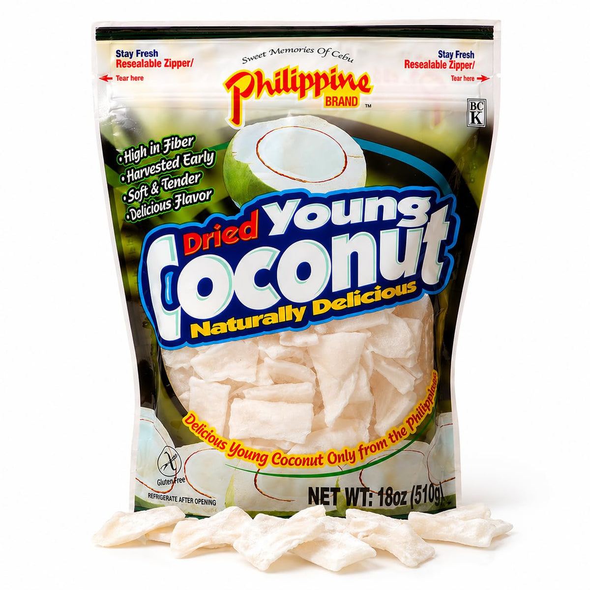 Philippine Brand dried young coconut snacks packaging showing convenient bite