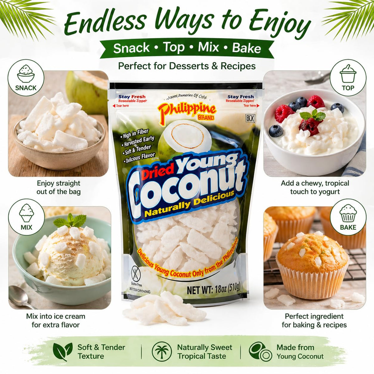 Philippine Brand dried young coconut snacks serving bowl for versatile snacking ideas