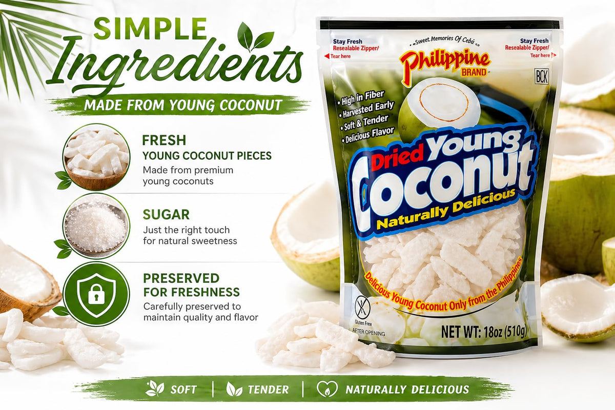 Philippine Brand dried young coconut snacks with tropical slice idea for toppings